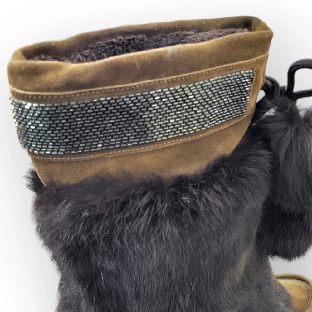 COACH Maryann Rabbit Fur Suede Boots Brown Beaded Trim Pom Pom Ties 8